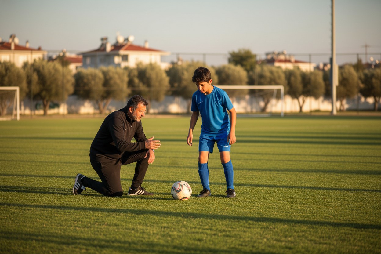 Koray Şahin sahada bireysel mentorluk seansı sırasında genç sporcuyla çalışıyor
